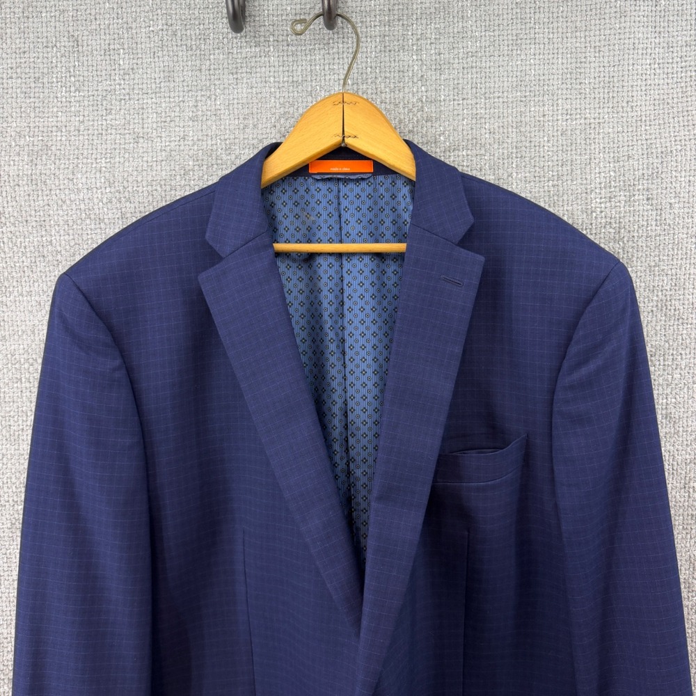 TALLIA Mens 46L Navy Blue Grid Pattern Blazer Poly Blend Stretch Jacket 2 Button - Picture 3 of 14